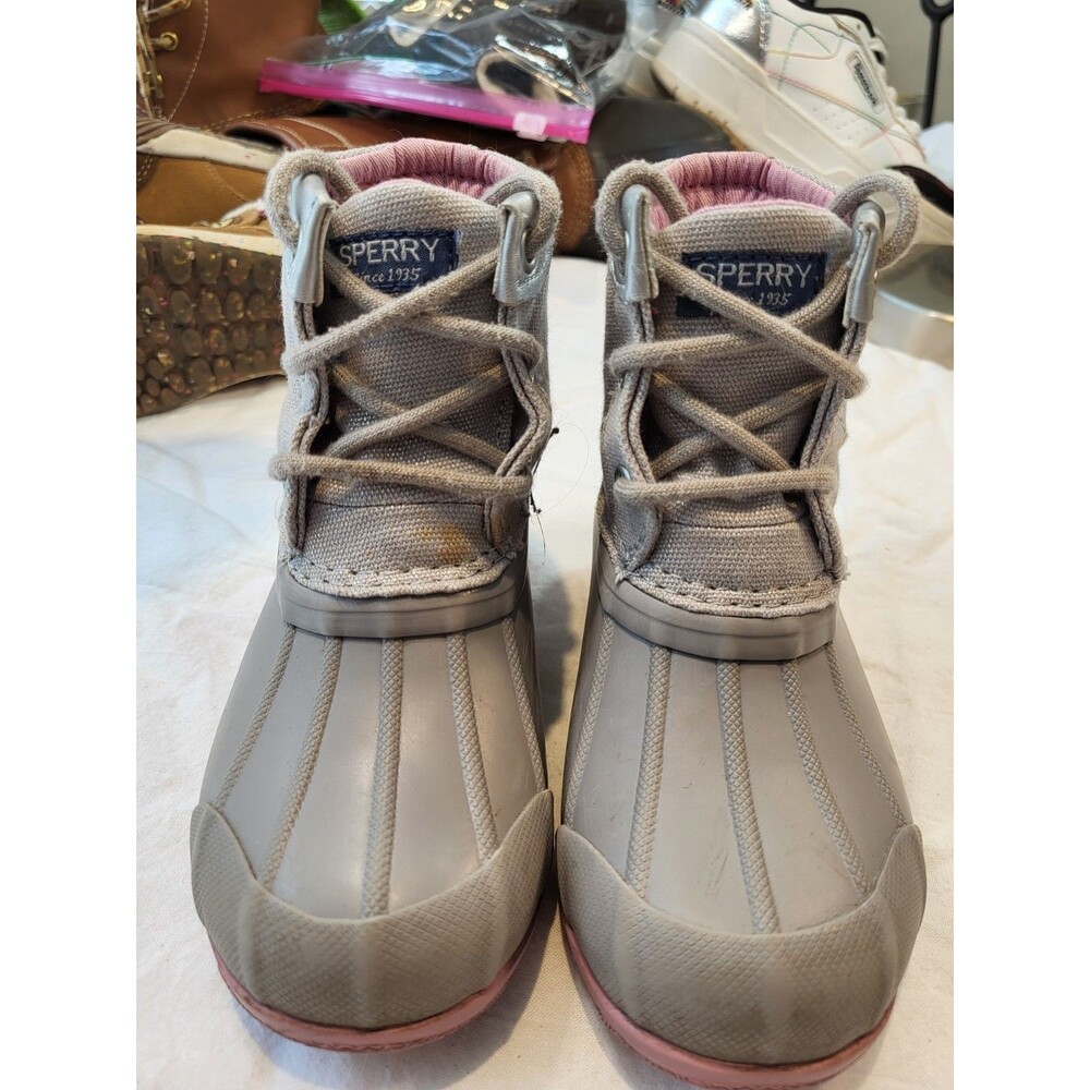 Sperry Small Girl duck boots, Gray/pink, Size 9, Very Good Cond